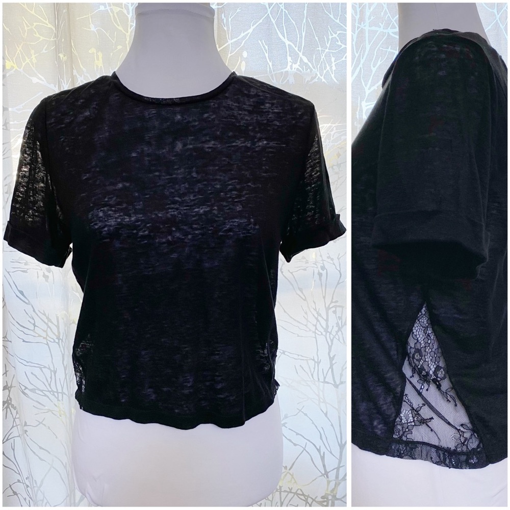ALICE + OLIVIA BLACK LACE SIDES LINEN CREWNECK SHORT SLEEVE T-shirt top